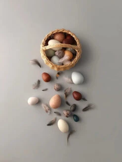 A Dozen Wooden Bird Eggs In A Basket -Odin Parker Moon Picnic A Dozen Bird Eggs 1 web jpg